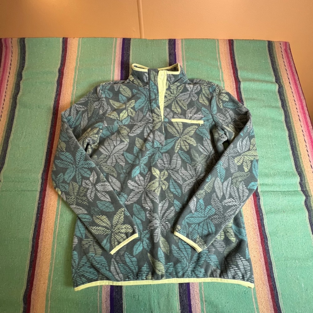 Columbia Fleece Pullover Womens L Teal Leaf Print Snap Neck Chest Pocket Outdoor